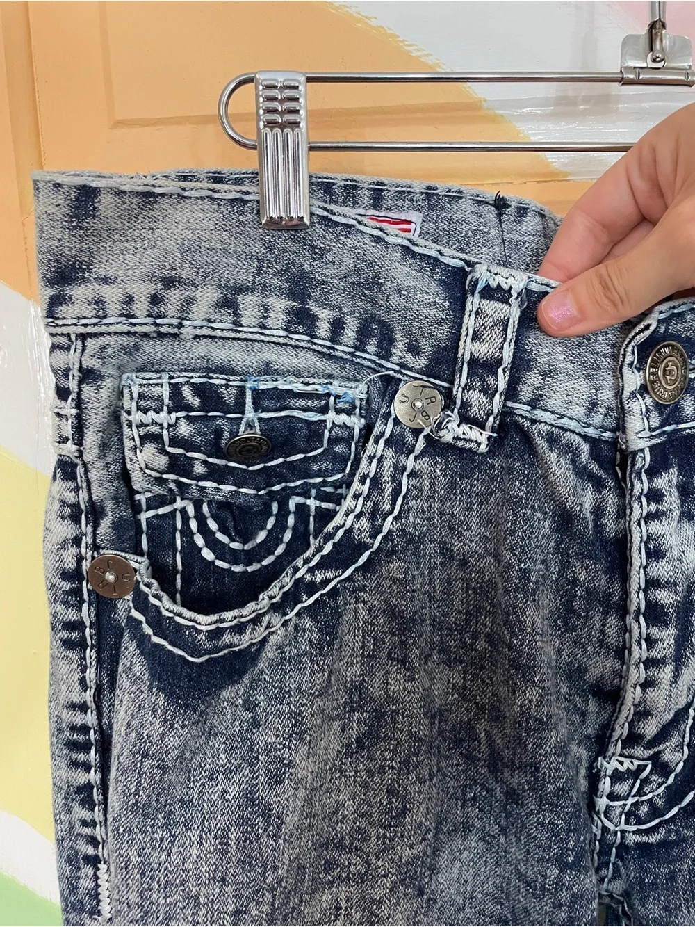 True Religion Acid Wash Denim Straight Super T Flap Pockets Jeans Men’s 36 🧡🎀